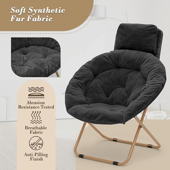 Athena Collection Comfy Saucer Chair with Headrest Oversize Round Cozy Chair Folding Chair Faux Fur Metal Frame Foldable Reading Chair Accent Chair for Bedroom Living Room, Black