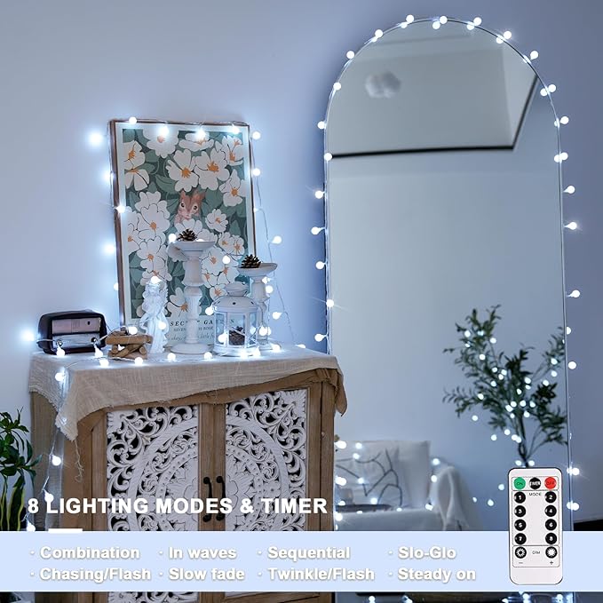 JMEXSUSS Globe String Lights Battery Operated - 100 LED White Fairy Lights Indoor Outdoor Waterproof 33FT Battery Powered String Lights with Remote for Wedding Bedroom Classroom Camping Decor