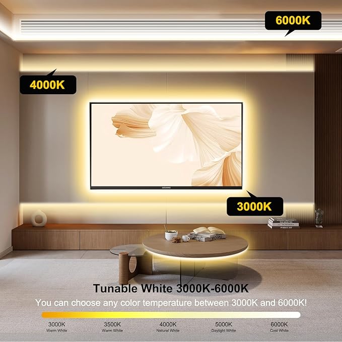 COB LED Strip Light,CCT Dimmable Strips Light,2700K-6500K,9.84ft/3m,8mm Wide,CRI90+ 24V LED Strips Kit with Bluetooth APP Control/Music Mode,for Bedroom,Kitchen,DIY Lighting