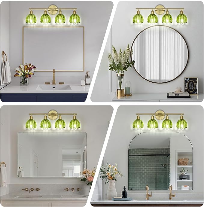 Vintage Bathroom Light Fixtures,4-Light Hardwired Vanity Lights Over Mirror,Gold Wall Sconces with Green Tulip Glass Shade for Bathroom Living Room,E26 Socket(Bulbs Not Included)