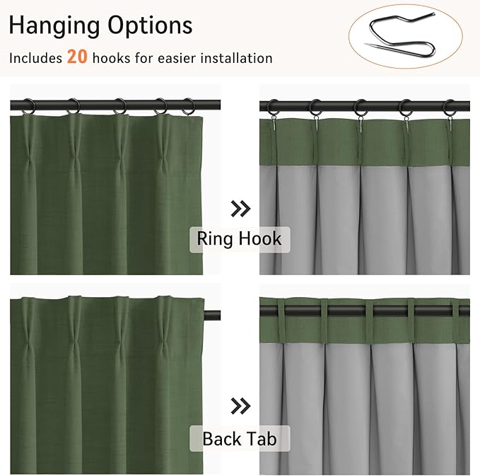 100% Blackout Shield Linen Look Textured Pinch Pleated Curtains Blackout Drapes 102 Inch Long 2 Panels Set, Faux Linen Blackout Curtains for Bedroom & Living Room, 40" W x 102" L, Moss Green
