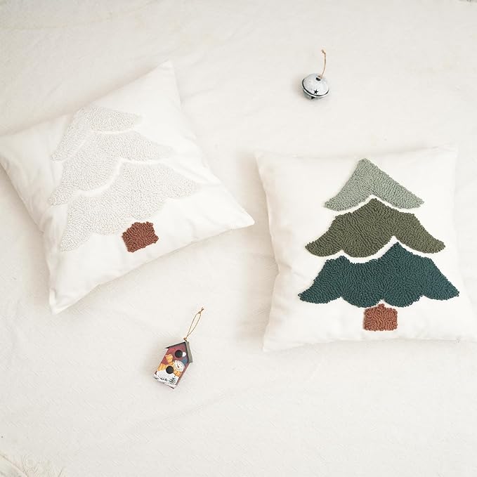 GEEORY Christmas Pillow Covers 18x18 Inch, Embroidered Xmas Tree Throw Pillows Farmhouse Winter Holiday Decor Cushion Case for Sofa & Bed Home Decorations (Green) GX003-1-18