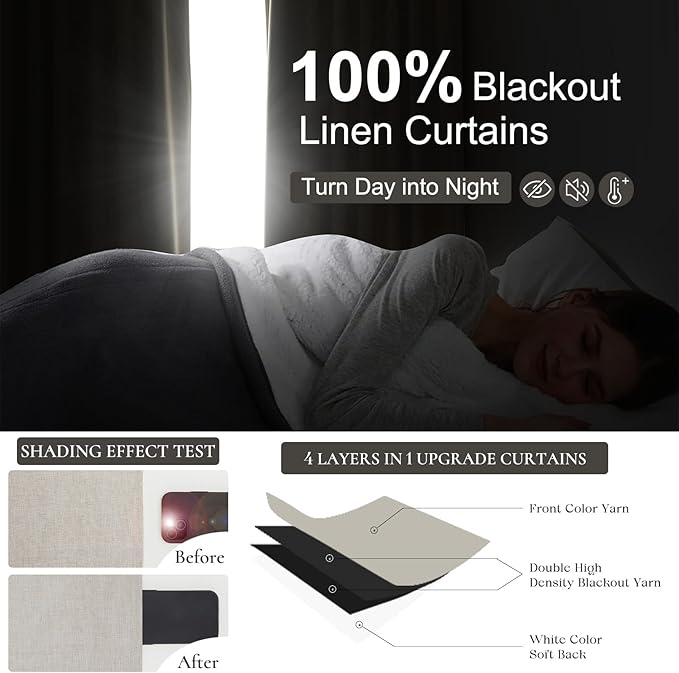 100% Blackout Thermal Curtains 80 Length 2 Panels Set for Bedroom, Linen Windows Pinch Pleated Drapes with Hooks for Track Modern Rustic Living Room Darkening Curtains 80 Inches Long Off White