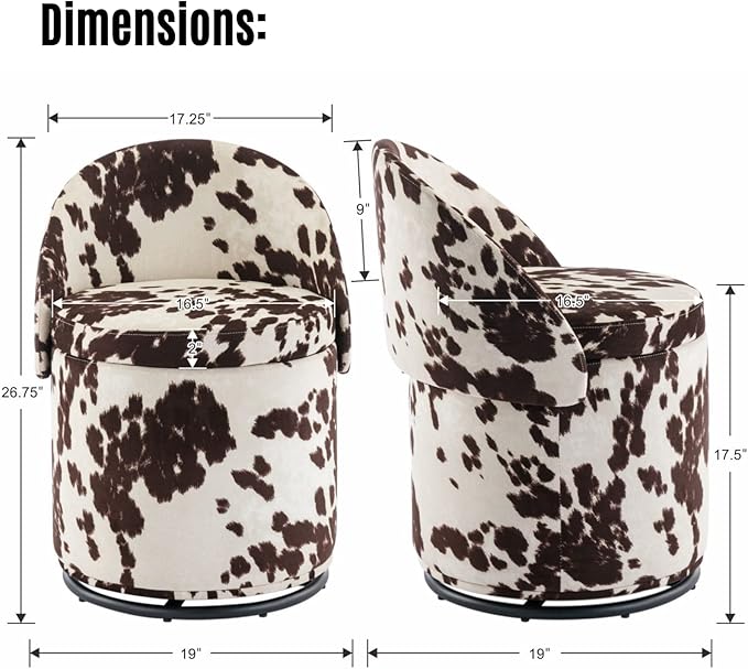 LukeAlon Linen Makeup Ottoman with Storage, Upholstered 360° Swivel Vanity Stool with Foldable Backrest Modern Cylindrical Footrest Stool for Living Room Bedroom, Cow Print