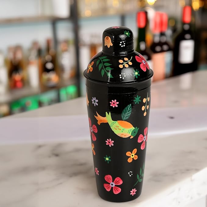 Artisanal Hand Painted Vintage Black 24 oz Cocktail Shaker – Stainless Steel Drink Mixer for Margaritas, Cocktails & Liquor – Floral Stylish Bartender Shaker Tool for Professionals & Home Bars