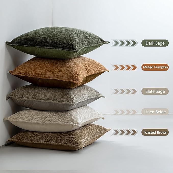 DWR Decorative Throw Pillow Covers Set of 2, 18x18 Crinkled Chenille Textured Cushion Covers for Couch, Sofa or Bed, Modern Rustic Home Accent in Dark Sage