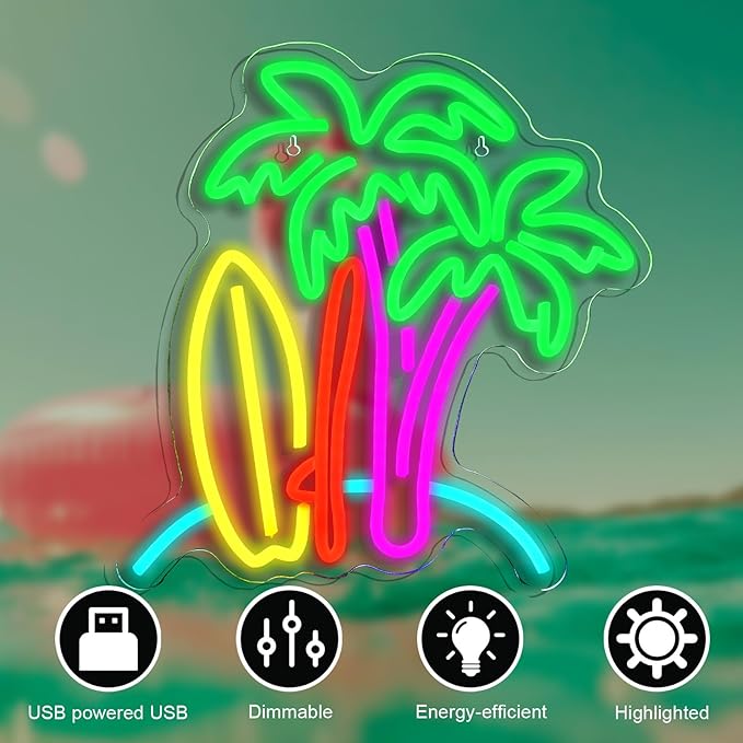 SurfSurf Palm Tree Neon Sign Beach Surfboard Wall Decor Paradise Neon Light Surf Poster for Summer Tiki Bar Beach Room Decor for Teen Girls Surfer