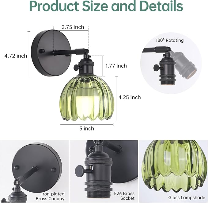 Vintage Battery Operated Wall Sconce with Cute Green Tulip Glass Lampshade Wireless Rechargeable Battery Powered Black Wall Light with Remote Control for Bedside Bedroom Doorway