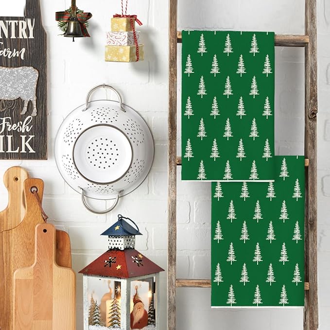 Artoid Mode Dark Green Xmas Trees Christmas Kitchen Towels Dish Towels, 18x26 Inch Holiday Farmhouse Winter Decoration Cleaning Set of 2