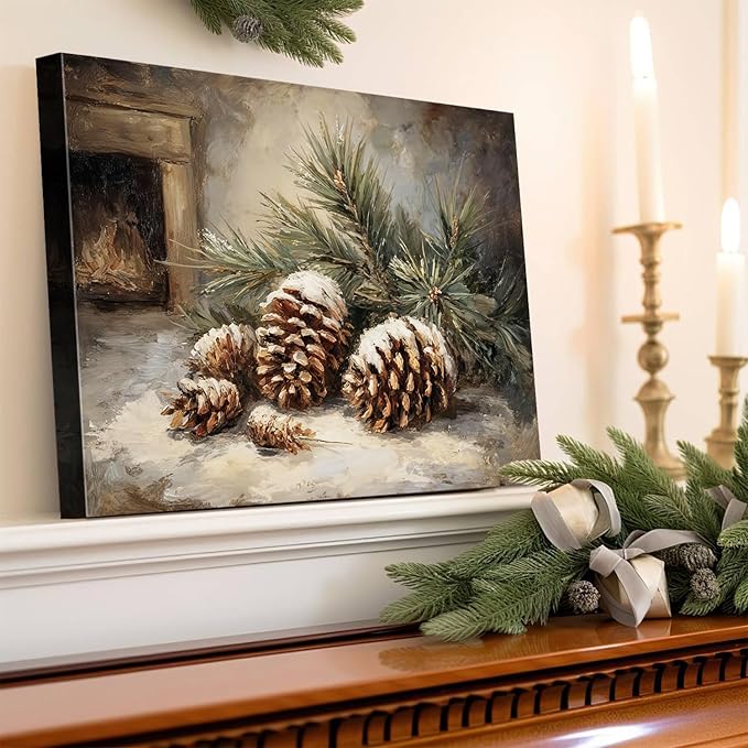 Vintage Pine Cones Christmas Canvas Wall Art, Rustic Winter Still Life Framed Print for Farmhouse Christmas Decorations, Cozy Holiday Gifts and Nature Wall Decor