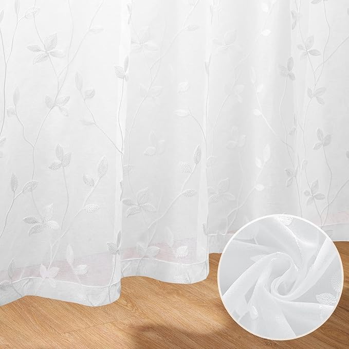 HOMEIDEAS White Sheer Curtains 52 X 63 Inches Length 2 Panels Embroidered Vine Floral Pattern Pocket Faux Linen Semi Sheer Voile Window Drapes for Bedroom Living Room