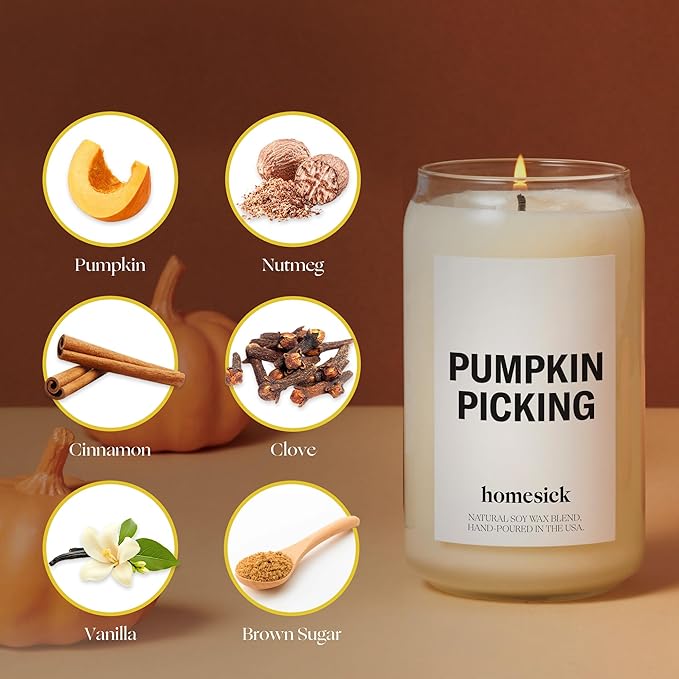 Homesick Scented Candles for Home (Pumpkin Picking) - 13.75 oz Natural Long-Lasting Soy Wax Blend Jar Candle Gifts for Women & Men, 60-80 Hours Burn Time - Notes of Pumpkin, Nutmeg & Ginger