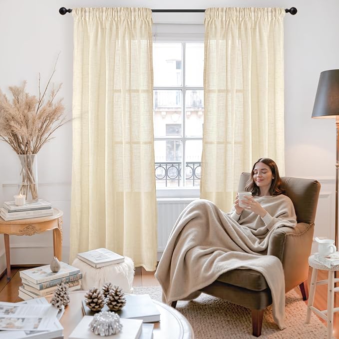 YoungsTex Extro Long Linen Semi Sheer Curtains for Living Room 95 Inch Length 2 Panels, Beige Light Filtering Drapes Textured Rustic with Rod Pocket Back Tab for Bedroom Dining, 52 X 95 Inch