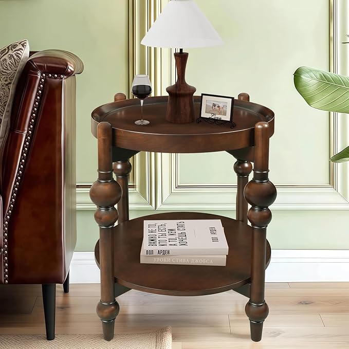 23" Round End Table, Mid Century Modern Side Table with Solid Wood Frame and Top, Small Night Stand for Living Room Office Apartment, Walnut