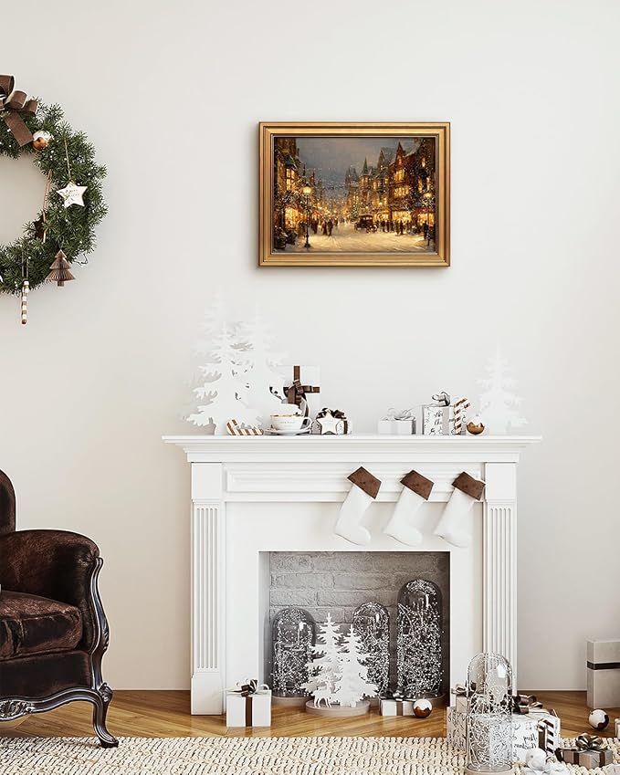 VIYYIEA Vintage Gold Framed Wall Art for Living Room, Christmas Canvas Prints Home Decor, Oil Painting Picture, Bedroom Wall Decor Gifts for Friends or Family -【A Warm Snowy Night】-(16L x 12W)