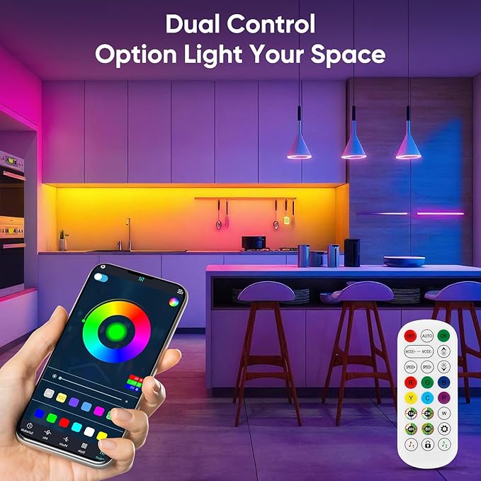 Led Lights for Bedroom, IC+RGB 130FT (2 Rolls of 65ft) Strip Lights, 24Key Remote with App Control, Music Sync Color Changing for Room Decor Party