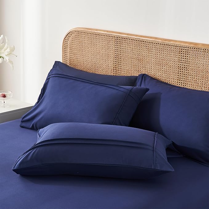 Yogeneg King Size Comforter Set 7 Piece Bed in a Bag,Grid Pinch Pleat Navy Blue Bedding Set,Striped Textured Soft Microfiber Comforter with Sheet Set,All Season Complete Bed Set(Navy Blue,King)
