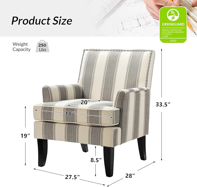 HULALA HOME Modern Accent Chairs Set of 2, Farmhouse High Back Striped Chairs with Wooden Legs & Nail Head Trim, Comfy Upholstered Armchairs for Living Room/Bedroom (Stripe Grey)