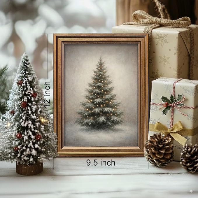 Gold Framed Vintage Christmas Tree Canvas Wall Art Farmhouse Rustic Pine Tree Winter Print Botanical Holiday Decor for Living Room Bedroom Entryway (Vintage Christmas Tree, 12L" x 9.5W")