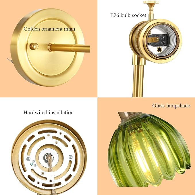 Vintage Wall Sconces Set of Two, 180 Degree Adjustable Brass Vanity Lights Fixture with Green Tulip Glass Lampshade, Hradwired Modern Wall Lighting for Bedside Bedroom Bathroom