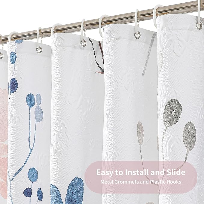 QiyI Watercolor Floral Shower Curtain, 3D Embossed Butterflies Pink Blue Bathroom Curtain, Minimalist Farmhouse White Bath Curtain, Waterproof Fabric Flower Shower Curtain Set with Hooks, 72x72