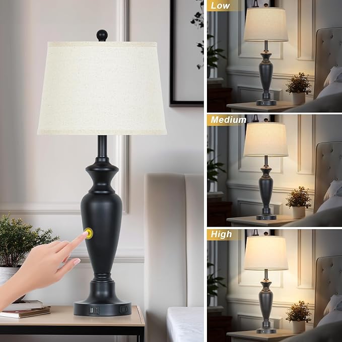 30" Tall Table Lamps Set of 2, Touch Control Bedside Lamp with USB A+C Ports and AC Outlet, 3-Way Dimmable Modern Metal Nightstand Lamp for Bedroom Living Room, 2 LED Bulbs Included, Black