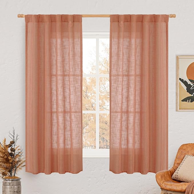 LAMIT 63 Inch Semi Sheer Linen Curtains, Light Filtering Panels Back Tab and Rod Pocket Fall Decor Drapes for Bedroom/Living Room, Terracotta, 2 Panels, 34 x 63 Inch