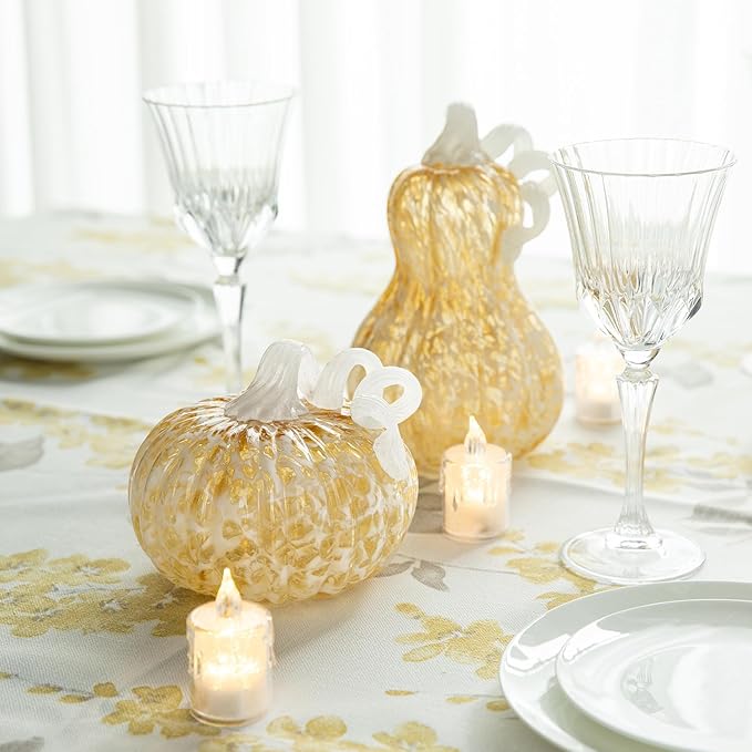 Glitzhome 6" D Fall Amber Dots Round Glass Pumpkin,Hand Blown Crystal Pumpkin Figurine Collectibles Table Accent for Fall Harvest Decorating