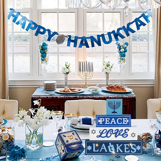 Hanukkah Decorations for Home, 4-Layered LED Wood Block with Dreidel Star of David Menorah Hanukkah Decor, Decorative Blue & White Jewish Judaism Chanukah Decor for Mantel Tabletop Party