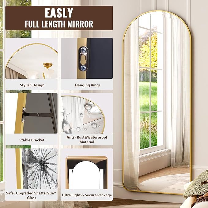Modern Arched Full-Length Mirror, 64"x21" Arched Floor Mirror with Stand, Wall-Mounted Mirror for Bathroom, Dressing Room - Hanging or Leaning - Full Body Mirror for Bedroom, Gold