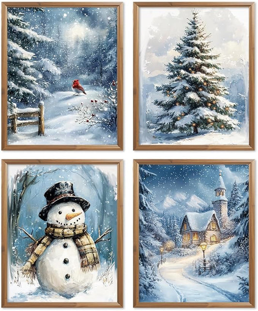 Wheatwin Winter Wonderland Vintage Christmas Wall Art Prints Set of 4, Blue Christmas Tree Snowman Wall Decor, Winter Xmas Decor for Home Bedroom Living Room, 8x10 (Unframed)