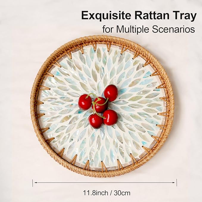 Round Rattan Tray with Mother of Pearl Inlay, Rattan Serving Tray for Coffee, Bread, Fruits, Decorative Wicker Tray for Table Decor, Home Decor, Kitchen Island Decor (Ambilight, 11.8")