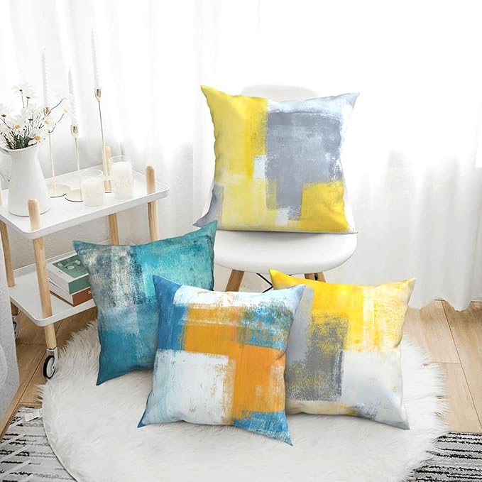 Yellow Decorative Throw Pillow Covers 18x18 Set of 4 Teal Pillow Cover Modern Abstract Art Decorative Pillows for Living Room Bedroom Sofa Couch Pillow Covers