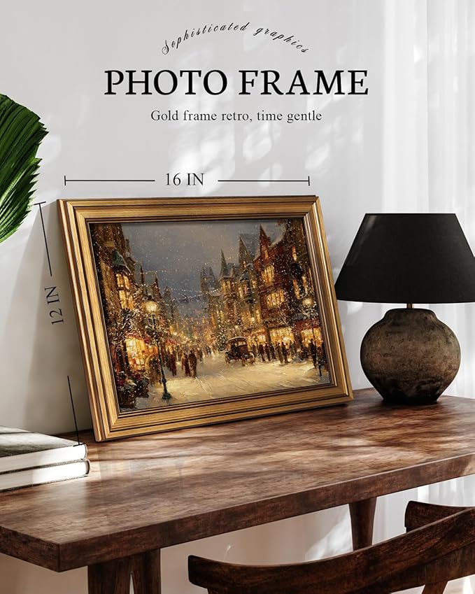 VIYYIEA Vintage Gold Framed Wall Art for Living Room, Christmas Canvas Prints Home Decor, Oil Painting Picture, Bedroom Wall Decor Gifts for Friends or Family -【A Warm Snowy Night】-(16L x 12W)