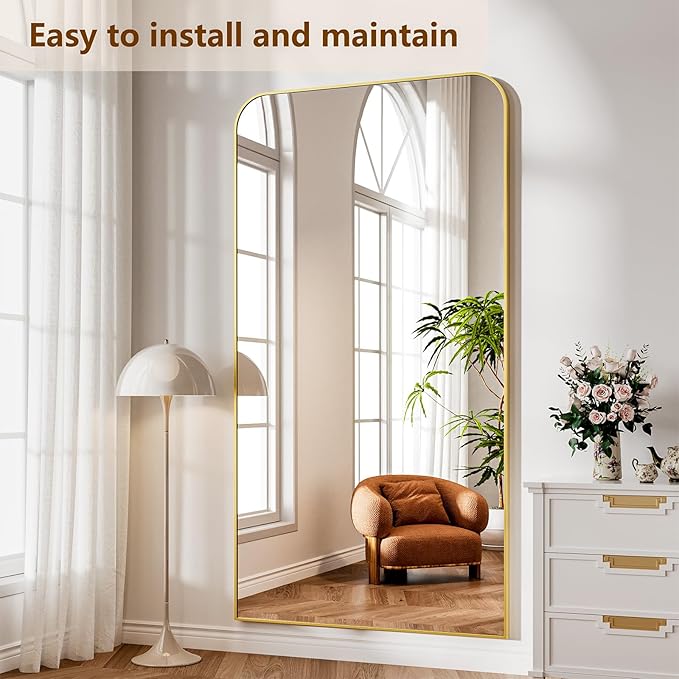 Koonmi Full Length Mirror, 86"x40" Mirror Full Length with Stand, Gold Domed Top Square-Edged Floor Mirror with Aluminum Alloy Frame for Bedroom Living Room