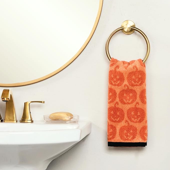 SKL Home Halloween Jack-O-Lantern 100% Cotton Jacquard 2pc Hand Towel Set, Reversible, Soft & Absorbent, Decorative for Bath/Kitchen/Bar & Gift, Orange