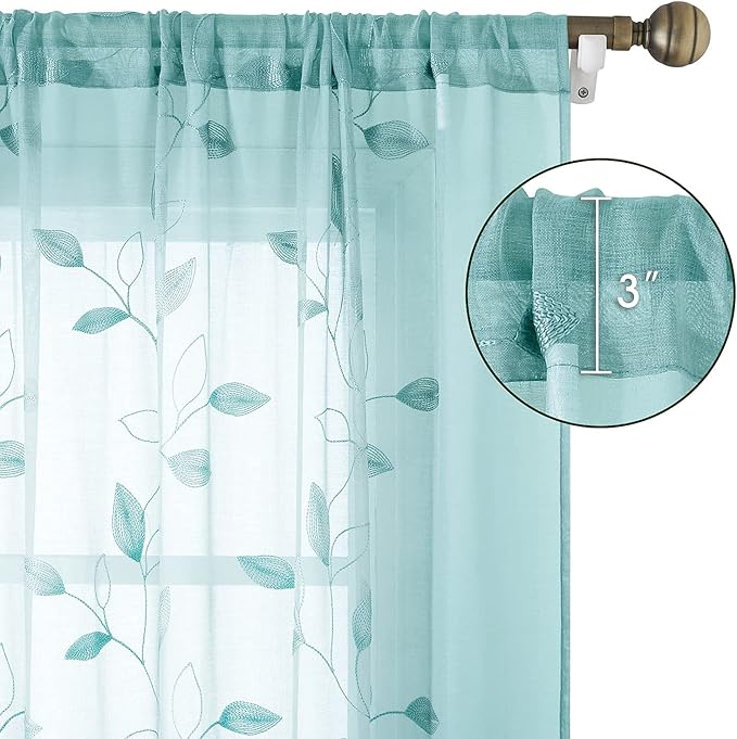 HOMEIDEAS Turquoise Aqua Sheer Curtains 52 X 63 Inches Length 2 Panels Embroidered Leaf Pattern Pocket Faux Linen Floral Teal Voile Window Drapes for Bedroom Living Room
