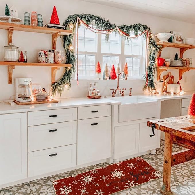 Snowflake Christmas Kitchen Mats Set of 2, Red Merry Christmas Let It Snow Winter Holiday Home Decor Kitchen Rugs for Floor 17x29 and 17x47 Inch