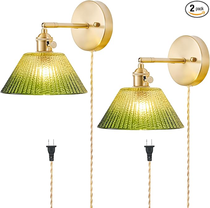 Plug in Wall Sconces Set of 2, Vintage Wall Sconce Light with Gradient Green Glass Lampshade, 180° Adjustable Wall Sconce with Switch and Plug in Wall lamp Cord, Gold Wall Light Wall Decor Set of 2