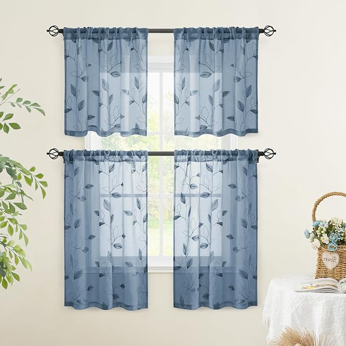 HOMEIDEAS Stone Blue Sheer Kitchen Curtains 30 X 24 Inch Length 2 Panels Embroidered Leaf Pattern Short Bathroom Window Curtains for Small Window Valance Tiers