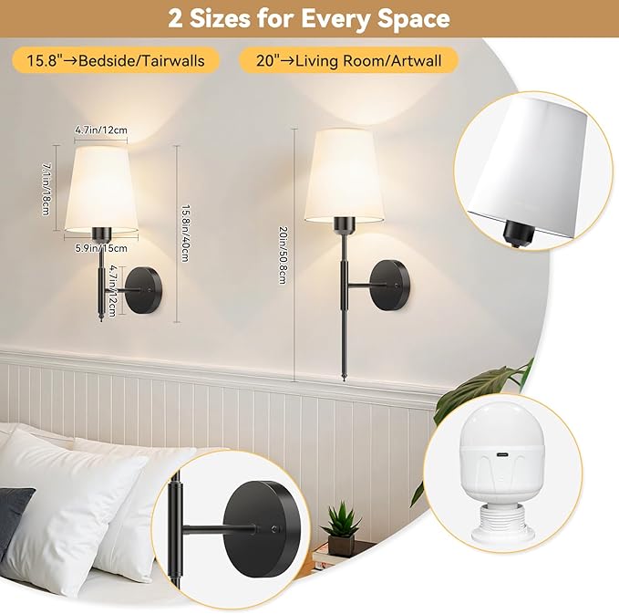 20 inch Battery Operated Wall Sconces Set of 2, Wireless Wall Lights with Rechargeable Bulbs & Remote, 15 Colors & Dimmable, Battery Powered Wall Lights for Bedroom, Living Room, Hallway, Black