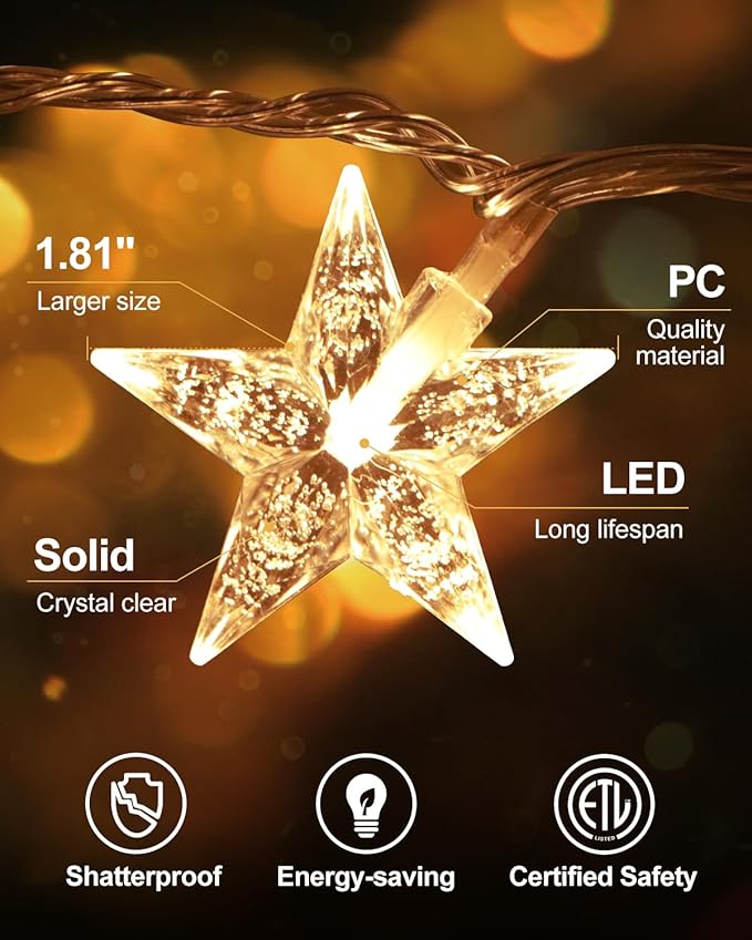 Star String Lights Plug in, 59 Ft 100 LED Star Fairy Lights with Remote Timer, Connectable Waterproof for Bedroom Wedding Party Indoor Outdoor Décor, Warm White