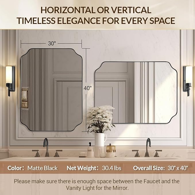 Black Scalloped Bathroom Mirrors for Wall, 30"x40" Unique Rounded Notched Corner Rectangle Mirrors for Bathroom in 1'' Metall Frame Wall Mounted Vertically/Horizontally for Home Decor