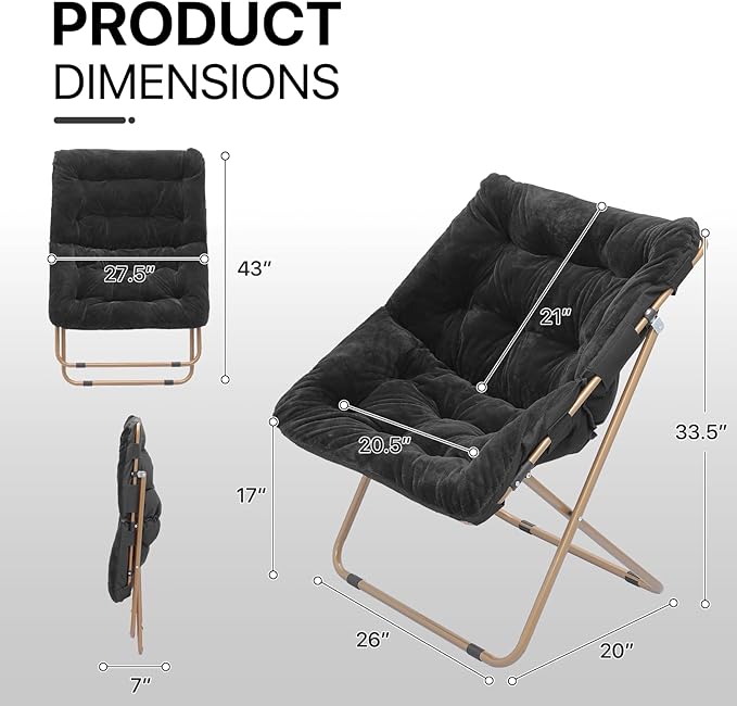 Athena Collection Saucer Chair for Adult, Square Comfy Cozy Chair Folding Chair Faux Fur Metal Frame Foldable Reading Chair Accent Chair for Bed Room Living Room Set of 2, Black