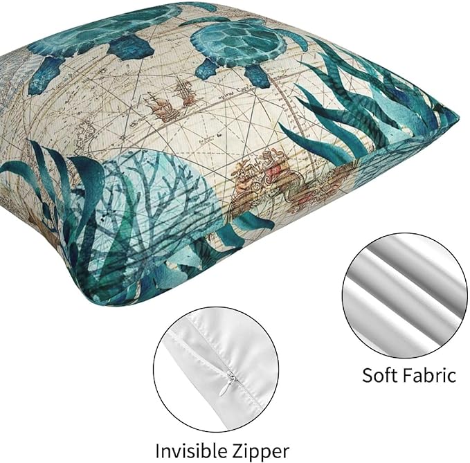 Coastal Blue Throw Pillow Covers 18 x 18 Inch Sea Turtle Seahorse Octopus Shark Beach Decorative Pillow Cases Ocean Nautical Cushion Covers for Sofa Bed Home Decor Set of 4