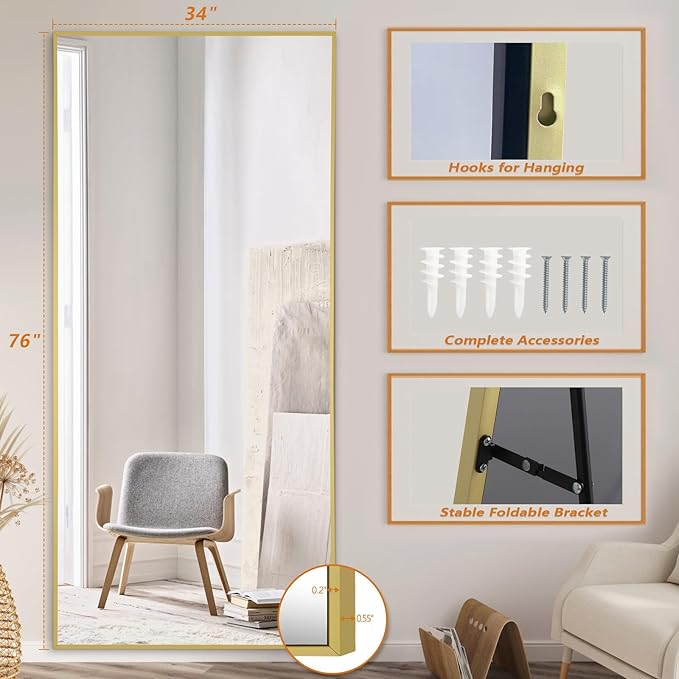Full Length Mirror, 76"x34" Oversized Floor Mirror Free Standing, Gold Mirror Full Length with Tempered Glass, Large Full Body Mirror for Bedroom Living Room Home Gym