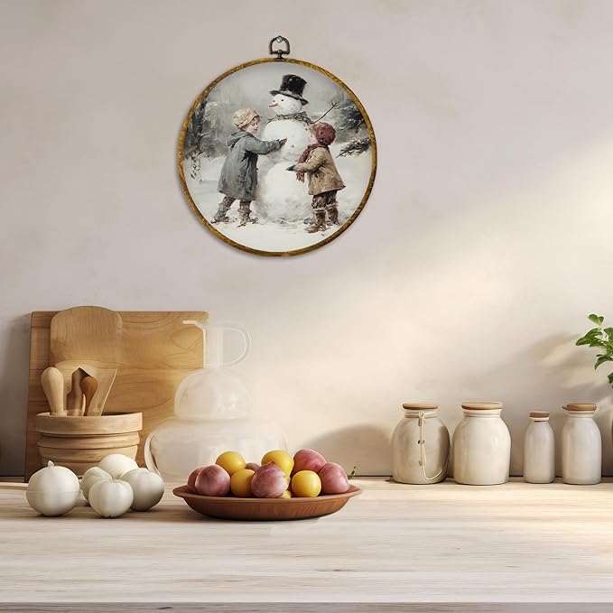 CUANFDDSF Vintage Christmas Snowman Round Wall Art, Rustic Winter Kids Snowman Framed Hanging Wall Decor, Cozy Winter Canvas Prints Decorations for Gallery Home Bedroom Living Room, 10x10 Inch