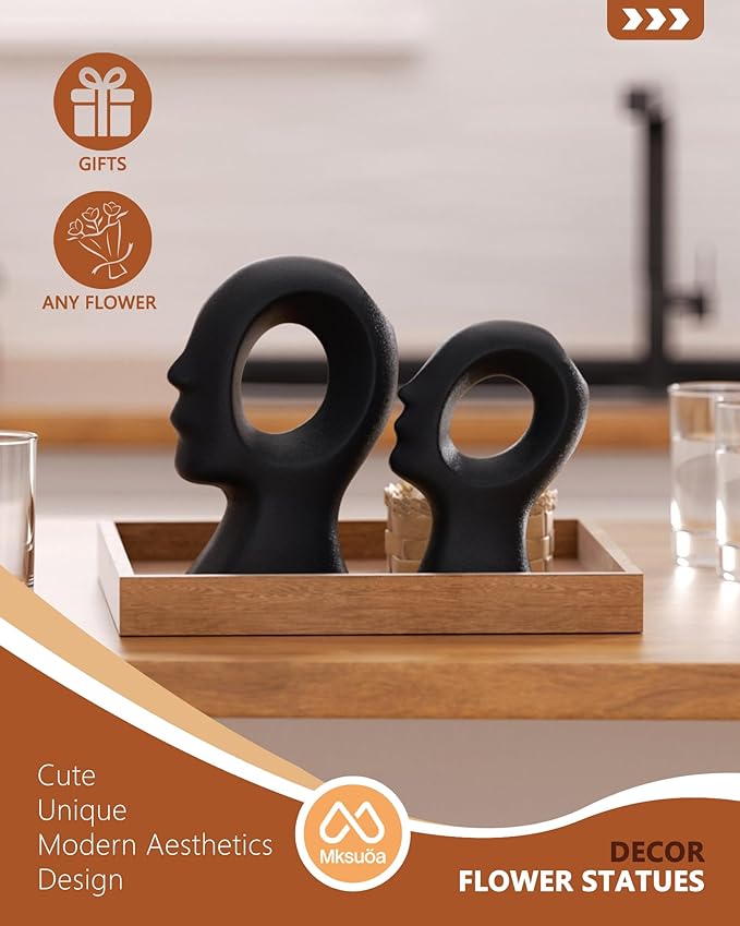 Couple Decorative Statues Set - Boho Style Modern Abstract Sculptures Home Decor, Ceramic Figurines for Living Room Coffee Table, Tv Stand, Mantles, Entryway, Console or Wedding Gifts (Black)