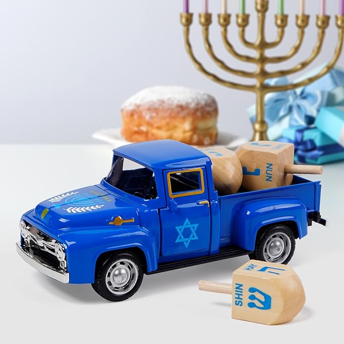 CRCZK Hanukkah Home Decor - Mini Metal Truck with Wood Dreidel - Festive Jewish Holiday Tabletop Decor, Gift for Kids