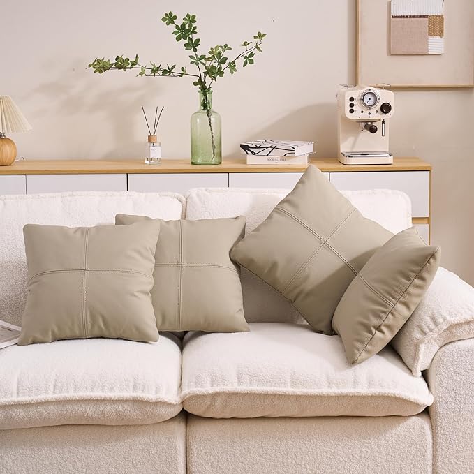 Kidol & Shellder Genuine Leather Throw Pillow Cover 18x18 Modern Solid Lumbar Pillow Covers-Luxury Pillowcases for Couch Sofa Bed-Soft Durable Decorative Cushion Case with Hidden Zipper(Yellow Gray)